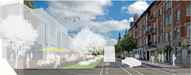 Byfort&aelig;ttet &Oslash;stre stationsvej med gr&aelig;s
Visualisering: Juul | Frost Arkitekter